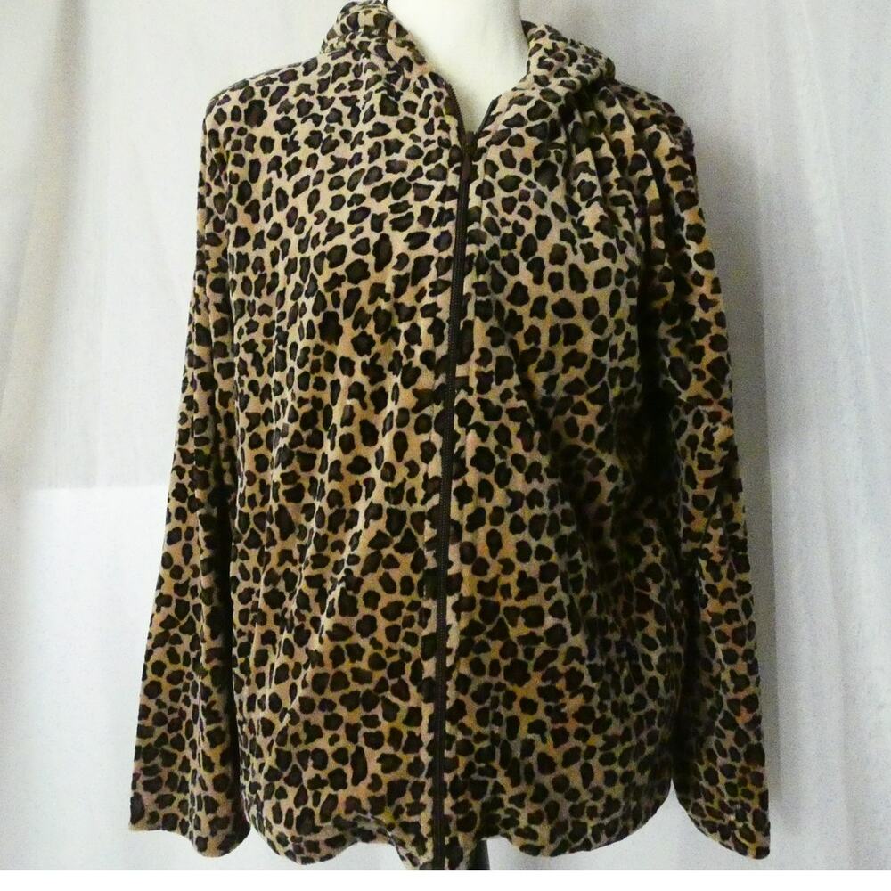 Kim Rogers Women's Small Velour Animal Print Zippered Hoodie Jacket